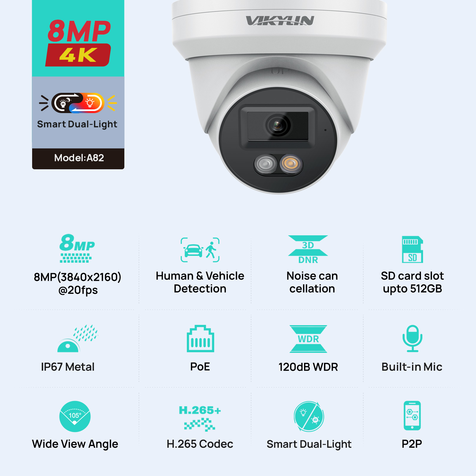 Outdoor Power G Motion - VIKYLIN 8MP 4K IP-Sicherheitskamera, intelligente Dual-Light-Audiokamera,
