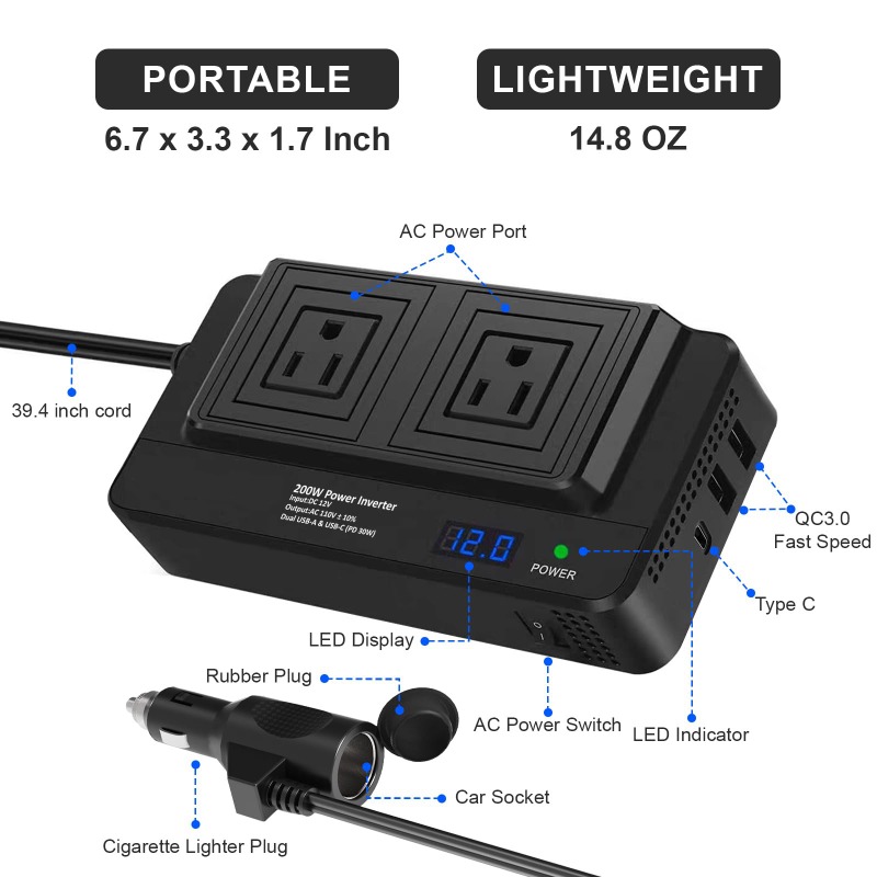Outdoor Power Adapter Usb C - 200W Auto-Wechselrichter Stromwandler Auto-Steckdosenadapter mit 2