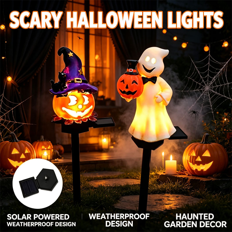 Outdoor Yard Power Stake - Solarbetriebene Wasserdichte Rasenleuchten, Halloween-Gartendekoration, Zaubererhut-Kürbis-Geister-Pfahllichter für
