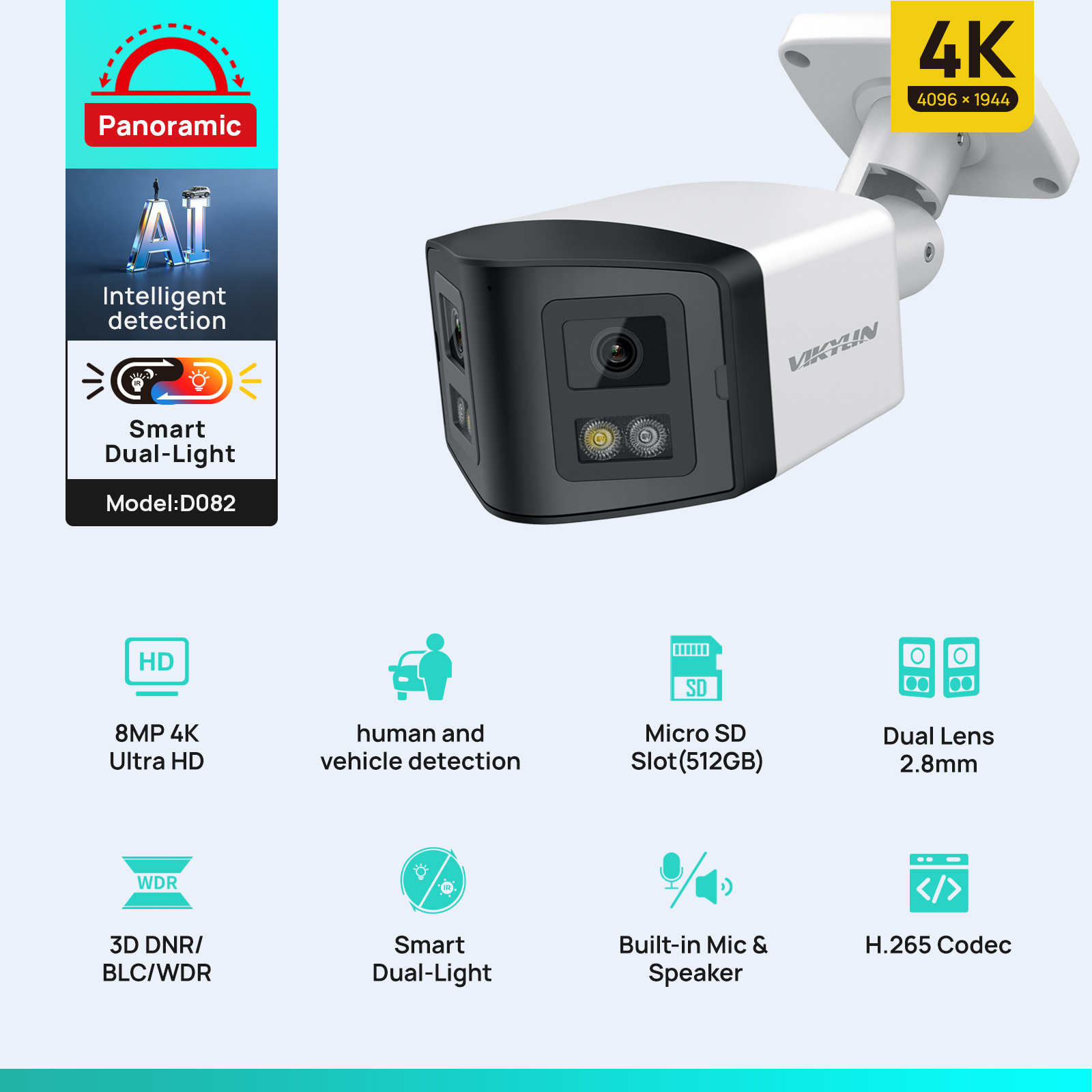 Outdoor Power G Motion - VIKYLIN 170 ° Panorama-4K-Überwachungskamera, intelligente Dual-Light-8MP-Dual-Objektiv-IP-Kamera,